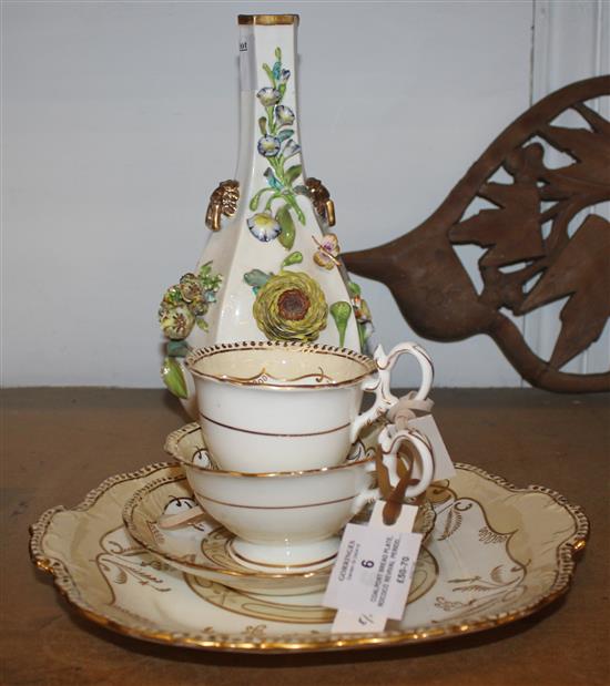 Coalport bread plate, Rococo revival period, c.1850 ,Coalport trio saucer & two cups, Adelaide style & hexagonal bottle vase(-)